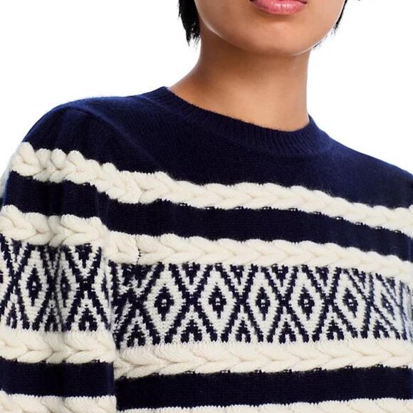 Aqua Cashmere Navy Fair Isle Cable Crewneck Sweater Size Small NWT - Picture 3 of 5